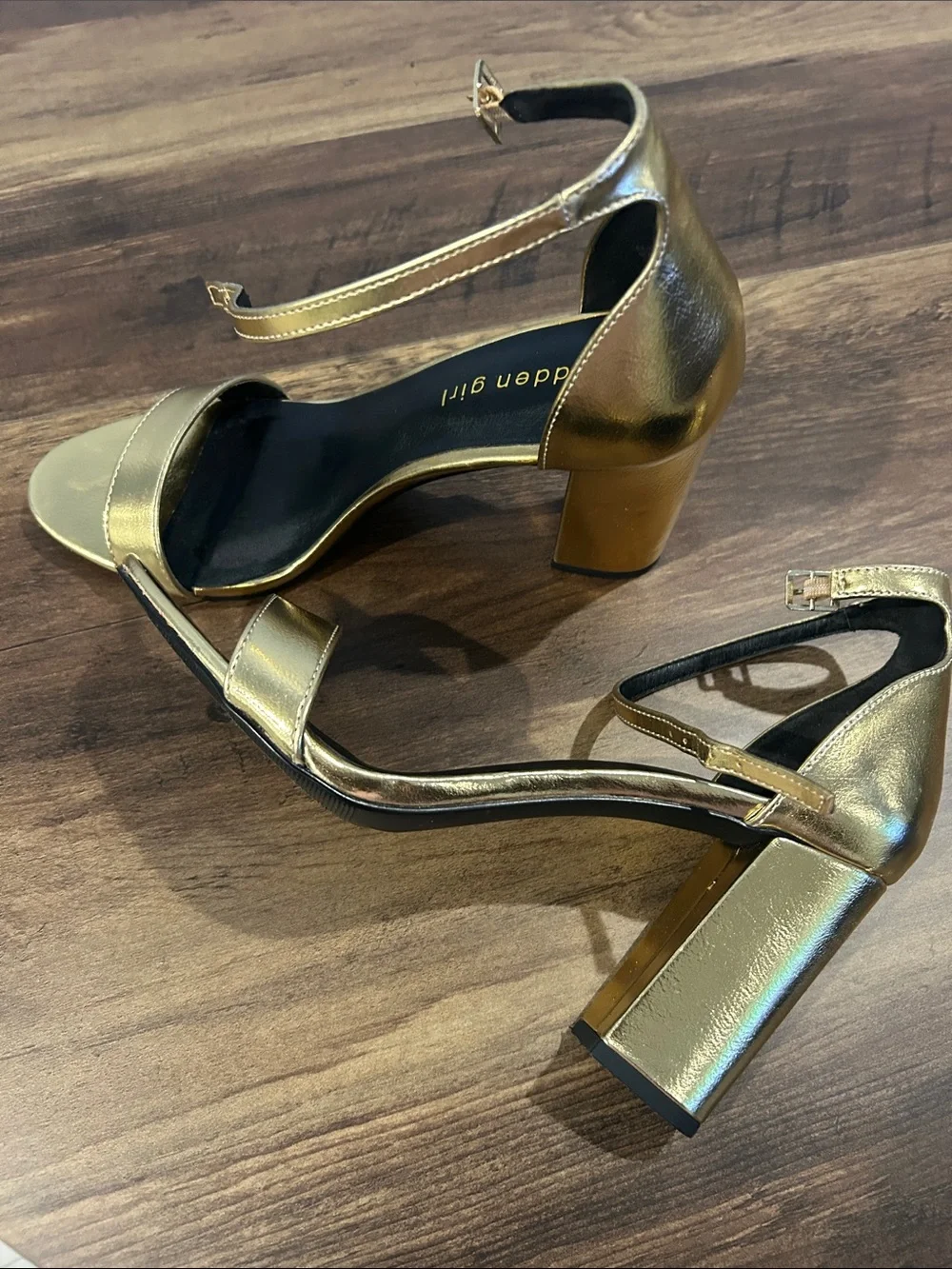 Madden Girl Metallic Gold Ankle-Strap Block Heel Sandals
